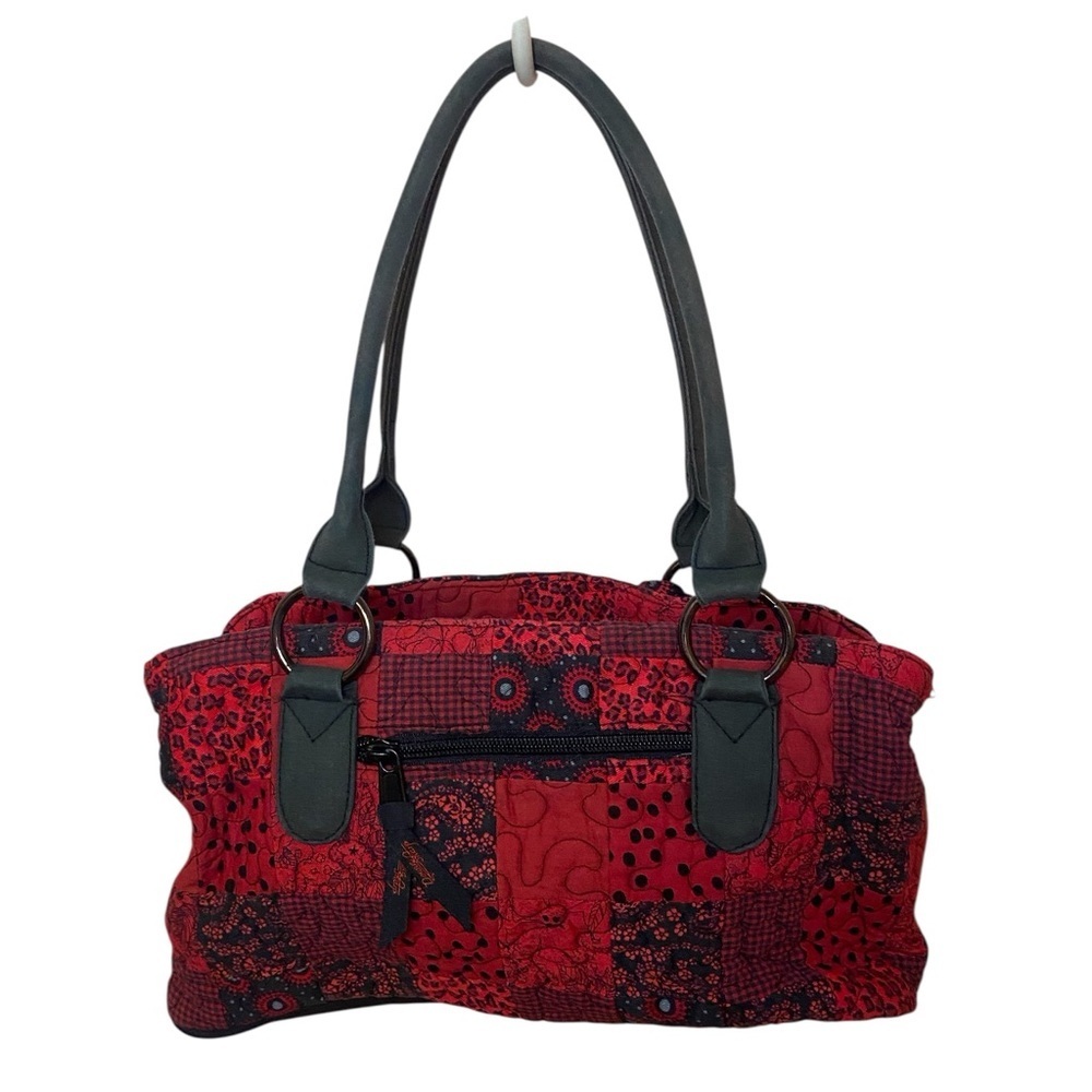 DONNA SHARP Quilted Patchwork Print Saddle/Shoulder Bag Purse in Black and Red - Picture 2 of 6